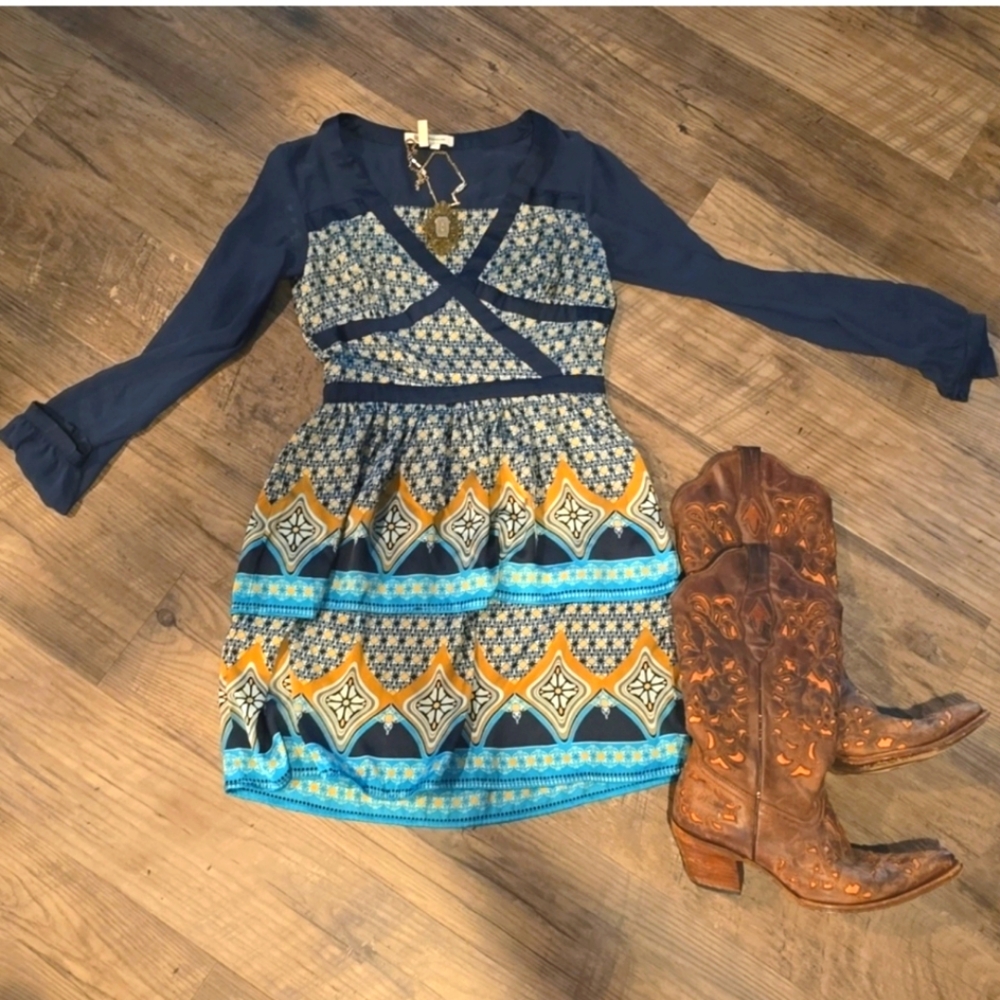 Boho Navy and Turquoise Patterned Long-Sleeve Dress